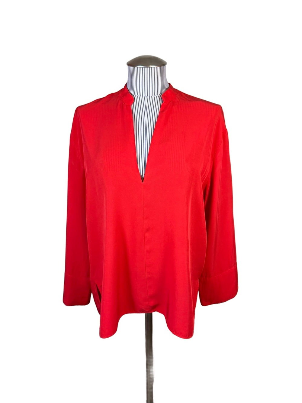 Zara Flowy Deep Slit V-Neck Blouse Tunic Top L Red Orange Wide Sleeve Shirt